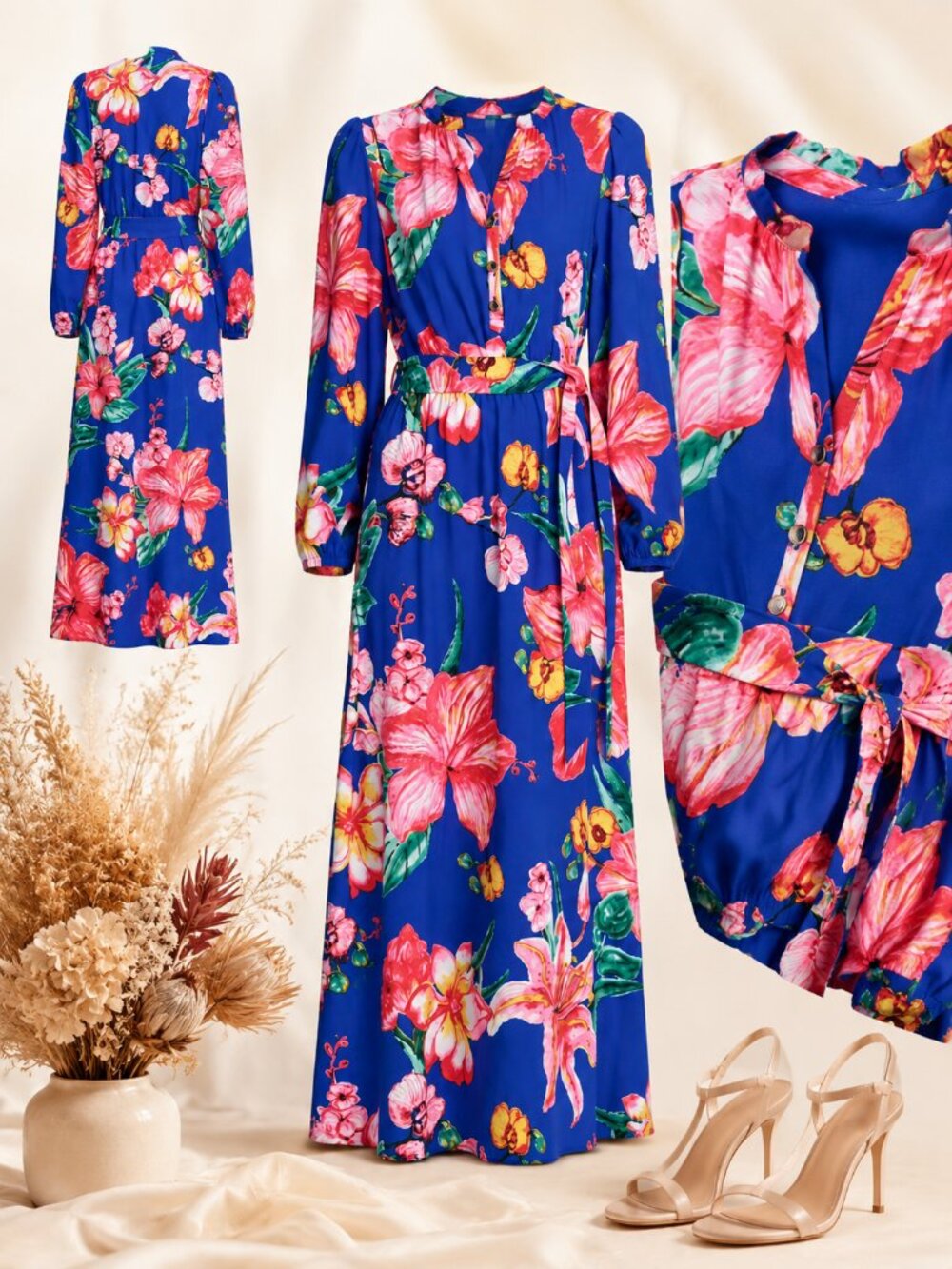 Halston Sea Blue Multi Button-Front Belted Maxi Dress Size 10 NWT